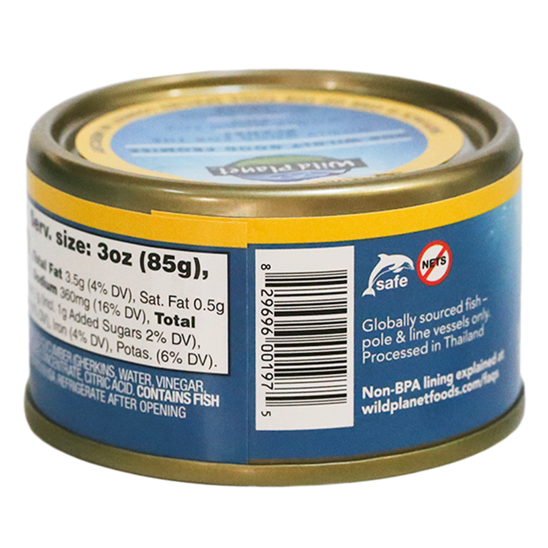 Skipjack Wild Tuna with Dill Pickle, in can. View showing Barcode, Logo: Non BPA and 2 Others, Produced by Info