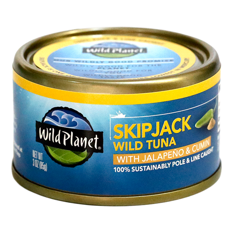 Skipjack Wild Tuna with Jalapeño & Cumin, in can. 100% Sustainably Pole and Line Caught, Front and Top View with Wild Planet Logo