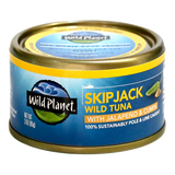 Skipjack Wild Tuna with Jalapeño & Cumin, in can. 100% Sustainably Pole and Line Caught, Front and Top View with Wild Planet Logo