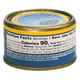 Skipjack Wild Tuna with Jalapeño & Cumin, in can. 100% Sustainably Pole and Line Caught, Back View showing Nutrition Facts, Ingredients