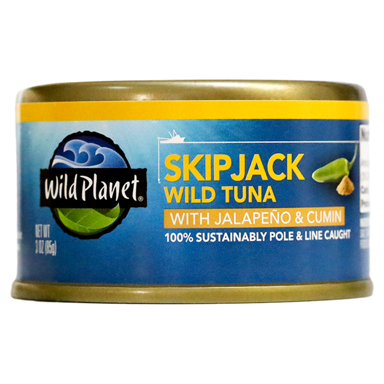 Skipjack Wild Tuna with Jalapeño & Cumin, in can. 100% Sustainably Pole and Line Caught, Front View
