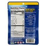 Skipjack Wild Tuna in a Pouch, 100% Sustainably Pole and Line Caught, 100% Pure Tuna and Sea Salt. Back View showing Nutrition Facts, Ingredients, Logo: Non GMO and 4 others, Branding Caption, Research, Barcode, Caution: Do not use if pouch is punctured, Product Code