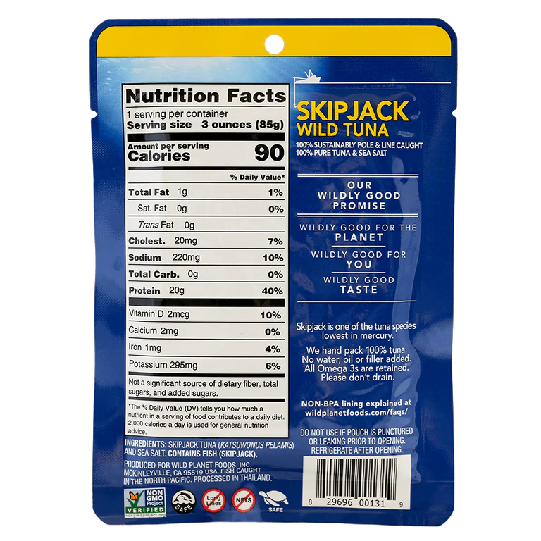 Skipjack Wild Tuna in a Pouch, 100% Sustainably Pole and Line Caught, 100% Pure Tuna and Sea Salt. Back View showing Nutrition Facts, Ingredients, Logo: Non GMO and 4 others, Branding Caption, Research, Barcode, Caution: Do not use if pouch is punctured, Product Code
