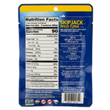 Skipjack Wild Tuna in a Pouch, 100% Sustainably Pole and Line Caught, 100% Pure Tuna and Sea Salt. Back View showing Nutrition Facts, Ingredients, Logo: Non GMO and 4 others, Branding Caption, Research, Barcode, Caution: Do not use if pouch is punctured, Product Code