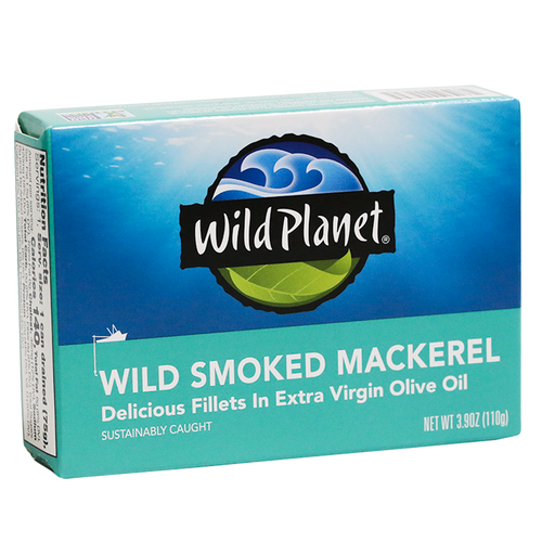 Wild Smoked Mackerel Fillets in Extra Virgin Olive Oil, in can. Angled View with Wild Planet Logo