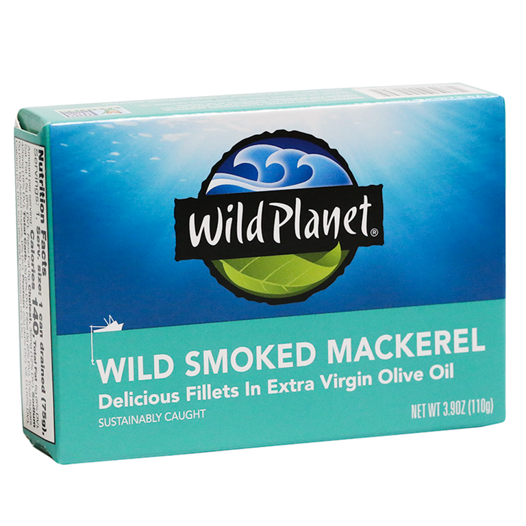 Wild Smoked Mackerel Fillets in Extra Virgin Olive Oil, in can. Angled View with Wild Planet Logo