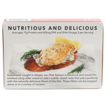 Wild Smoked Pink Salmon Fillets in Extra Virgin Olive Oil, in can. Back View showing image of product within can