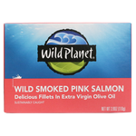 Wild Smoked Pink Salmon Fillets in Extra Virgin Olive Oil, in can. Front View
