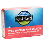 Wild Smoked Pink Salmon Fillets in Extra Virgin Olive Oil, in can. Angled View with Wild Planet Logo