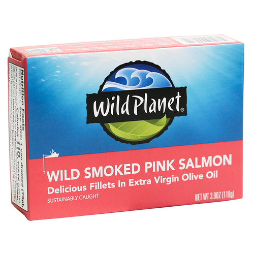 Wild Smoked Pink Salmon Fillets in Extra Virgin Olive Oil, in can. Angled View with Wild Planet Logo