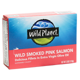 Wild Smoked Pink Salmon Fillets in Extra Virgin Olive Oil, in can. Angled View with Wild Planet Logo