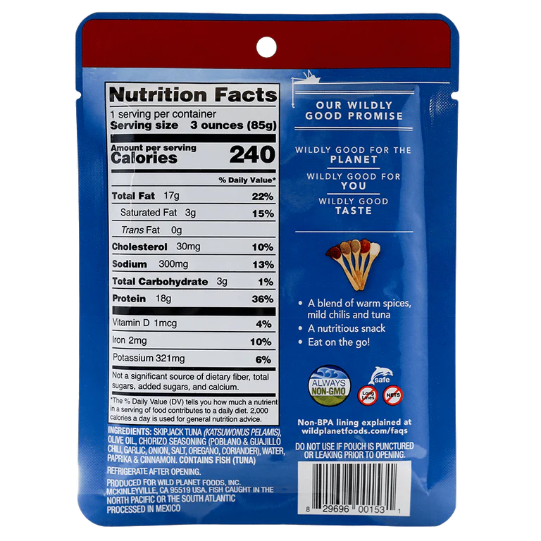 Tuna Chorizo back of pouch displaying nutrition facts panel, ingredients and bar code