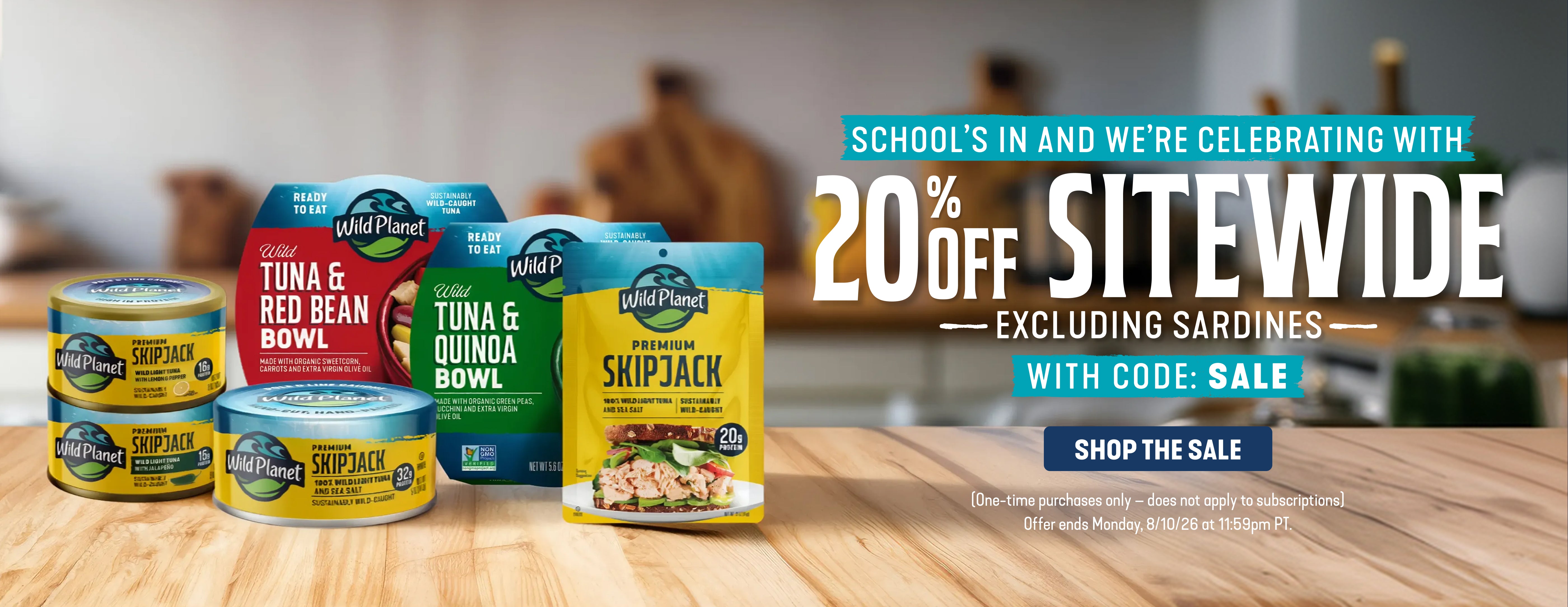 Wild Planet Back to School sale: 20% off sitewide with code SALE. Excludes sardines. One-time purchases only. Offer ends August 10, 2026 at 11:59pm PT.