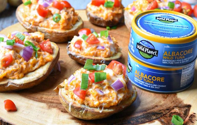 Potato skins made with Wild Planet Albacore Wild Tuna with product cans