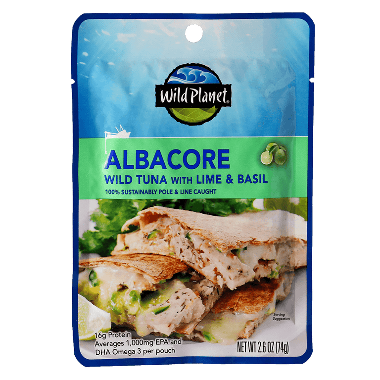 Albacore Wild Tuna with Lime and Basil in a Pouch, 100% Sustainably Pole and Line Caught, Net Wt 2.6 oz (74 g), with a photo of Tuna Pita with side Lettuce, Front View