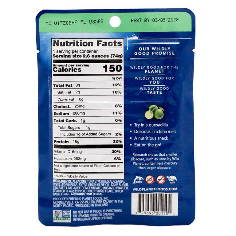 Albacore Wild Tuna with Lime and Basil in a Pouch, Back View showing Nutrition Facts, Ingredients, Branding Caption, Consume Suggestion, Logo: Non GMO Project Verified and 4 others, Barcode, Website Address, Best by Date and Product Code