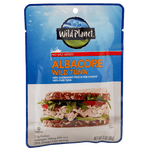 Albacore Wild Tuna, No Salt Added. Sustainable Pole & Line Caught, 100% Pure Tuna & Sea Salt in a Pouch, Left Front View with a photo of Tuna Salad Sandwich in Wheat Bread