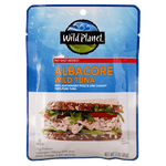 Albacore Wild Tuna, No Salt Added. Sustainable Pole & Line Caught, 100% Pure Tuna & Sea Salt in a Pouch, Front View with a photo of Tuna Salad Sandwich  (Wheat Bread).