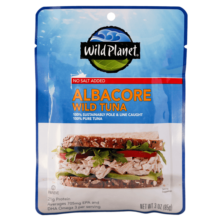 Albacore Wild Tuna, No Salt Added. Sustainable Pole & Line Caught, 100% Pure Tuna & Sea Salt in a Pouch, Front View with a photo of Tuna Salad Sandwich  (Wheat Bread).