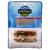 Albacore Wild Tuna, No Salt Added. Sustainable Pole & Line Caught, 100% Pure Tuna & Sea Salt in a Pouch, Front View with a photo of Tuna Salad Sandwich  (Wheat Bread).