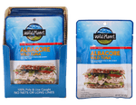 Albacore Wild Tuna, No Salt Added. Sustainable Pole & Line Caught, 100% Pure Tuna & Sea Salt in a Pouch, Front View with a photo of Tuna Salad Sandwich (Wheat Bread) and a Set of Albacore Wild Tuna, No Salt Added in a Carton Box  with text 100% Pole & Line Caught No Nets or Long Lines