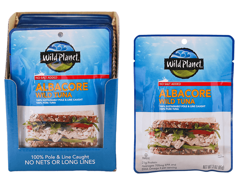 Albacore Wild Tuna, No Salt Added. Sustainable Pole & Line Caught, 100% Pure Tuna & Sea Salt in a Pouch, Front View with a photo of Tuna Salad Sandwich (Wheat Bread) and a Set of Albacore Wild Tuna, No Salt Added in a Carton Box  with text 100% Pole & Line Caught No Nets or Long Lines