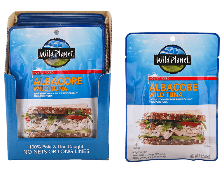 Albacore Wild Tuna, No Salt Added. Sustainable Pole & Line Caught, 100% Pure Tuna & Sea Salt in a Pouch, Front View with a photo of Tuna Salad Sandwich (Wheat Bread) and a Set of Albacore Wild Tuna, No Salt Added in a Carton Box  with text 100% Pole & Line Caught No Nets or Long Lines
