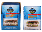 Albacore Wild Tuna, No Salt Added. Sustainable Pole & Line Caught, 100% Pure Tuna & Sea Salt in a Pouch, Front View with a photo of Tuna Salad Sandwich (Wheat Bread) and a Set of Albacore Wild Tuna, No Salt Added in a Carton Box  with text 100% Pole & Line Caught No Nets or Long Lines