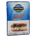 Albacore Wild Tuna Sustainable Pole & Line Caught, 100% Pure Tuna & Sea Salt in a Pouch, Left Side View with a photo of a Tuna Salad Sandwich
