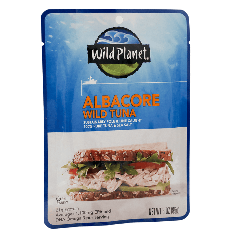 Albacore Wild Tuna Sustainable Pole & Line Caught, 100% Pure Tuna & Sea Salt in a Pouch, Left Side View with a photo of a Tuna Salad Sandwich