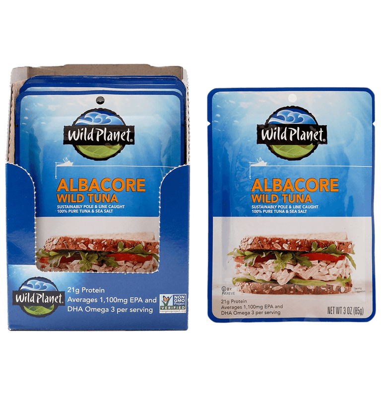 Albacore Wild Tuna Sustainable Pole & Line Caught, 100% Pure Tuna & Sea Salt in a Pouch, Front View and a set of 3 in a box  with text "21 g Protein, Ave 1,100mg EPA and DHA Omega 3 per Serving, Non GMO Project Verified