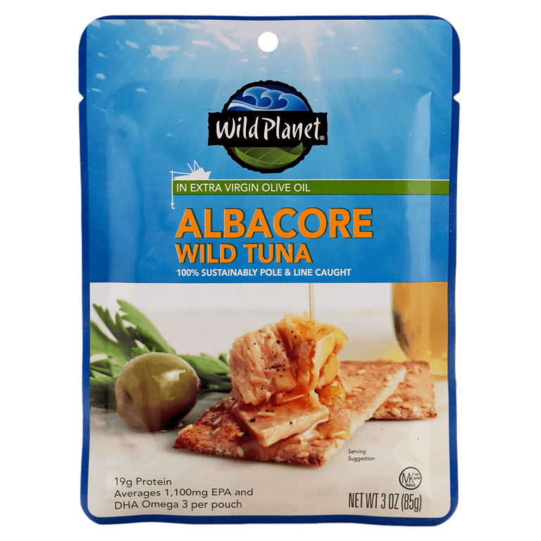 Albacore Wild Tuna in Extra Virgin Olive Oil in a pouch, Front View