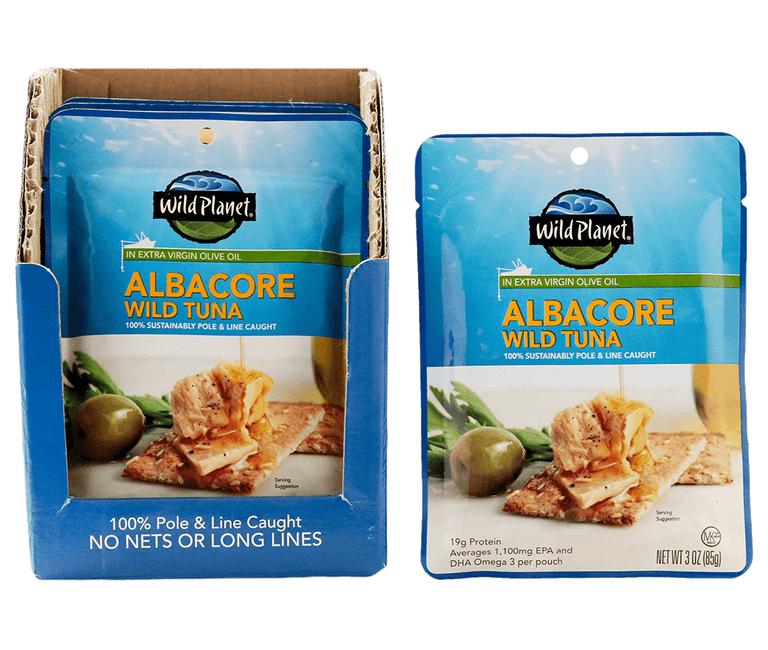 Albacore Wild Tuna in Extra Virgin Olive Oil in a pouch (Front View) and a Carton Box with Albacore Wild Tuna in Extra Virgin Olive Oil in a pouch, set of 3.