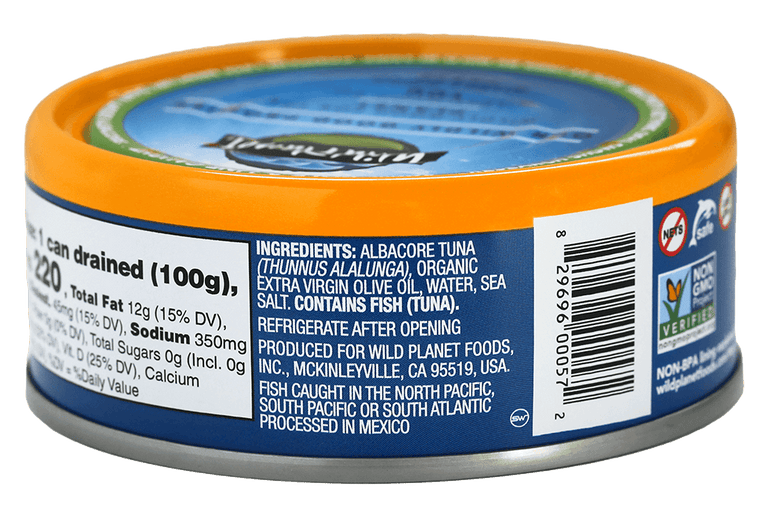 Albacore Solid Wild Tuna In Extra Virgin Olive Oil ingredients on back of can