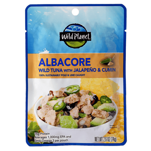 Albacore Wild Tuna with Jalapeño & Cumin in a Pouch 100% Sustainably Pole & Line Caught with a photo of a Tuna Salad Bowl with Side Chips, Front View