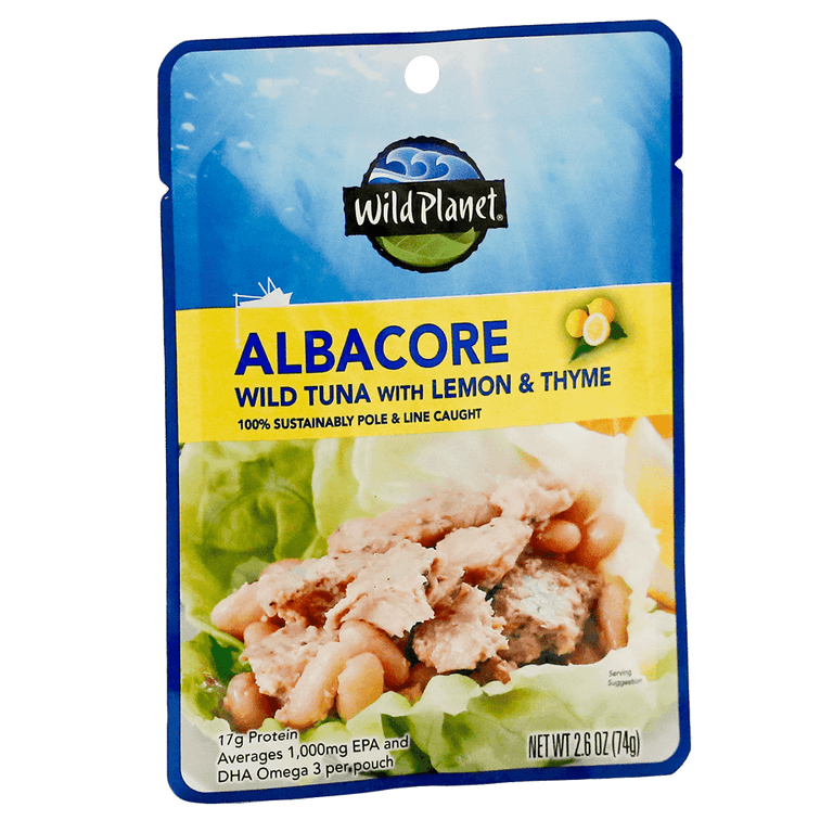 Albacore Wild Tuna with  Lemon and Thyme Pouch 100% Sustainably Pole & Line Caught with a photo of a Tuna, Beans and Cabbage Salad. Net Wt 2.6 oz  (74g), Front Views, Left Side View