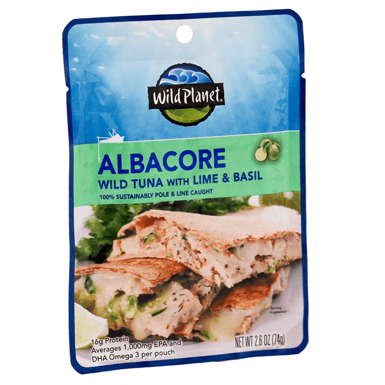 Albacore Wild Tuna with Lime and Basil in a Pouch, 100% Sustainably Pole and Line Caught, Net Wt 2.6 oz (74 g), with a photo of Tuna Pita with side Lettuce, Left Side View
