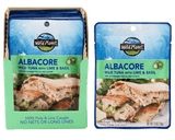 Albacore Wild Tuna with Lime and Basil in a Pouch, 100% Sustainably Pole and Line Caught, Net Wt 2.6 oz (74 g), with a photo of Tuna Pita with side Lettuce, Front View and a set  of Albacore Wild Tuna with Lime and Basil in a Pouch  inside a Carton Box with text  100% Pole and Line Caught, No Nets or Long Lines