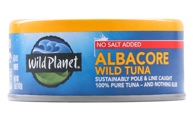 Albacore Wild Tuna No Salt Added in Can, Left Side View showing No Salt Added Albacore Wild Tuna sustainably Pole and Line caught 100% Pure Tuna-And nothing else