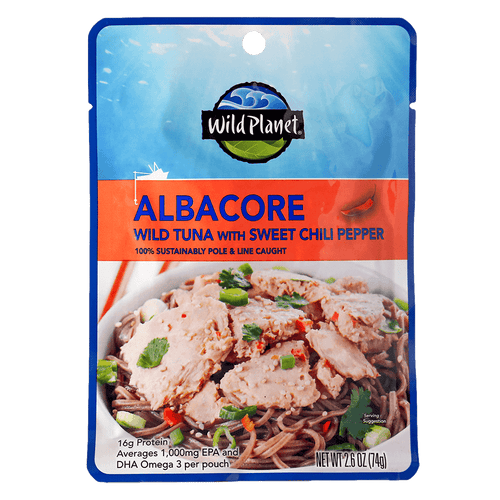 Albacore Wild Tuna with Sweet Chili Pepper in a Pouch, 100% Sustainably Pole and Line Caught, Net Wt 2.6 oz (74g), with a photo of Tuna with Noodles and Basil Leaves as a toppings in a bowl, Front View