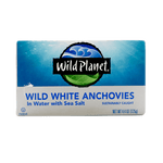 Package of Wild Planet WIld White Anchovies in Water with Sea Salt Front of Package