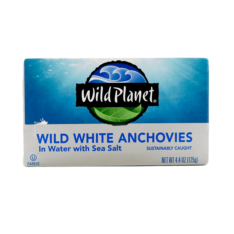 Package of Wild Planet WIld White Anchovies in Water with Sea Salt Front of Package