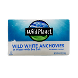 Package of Wild Planet WIld White Anchovies in Water with Sea Salt Front of Package