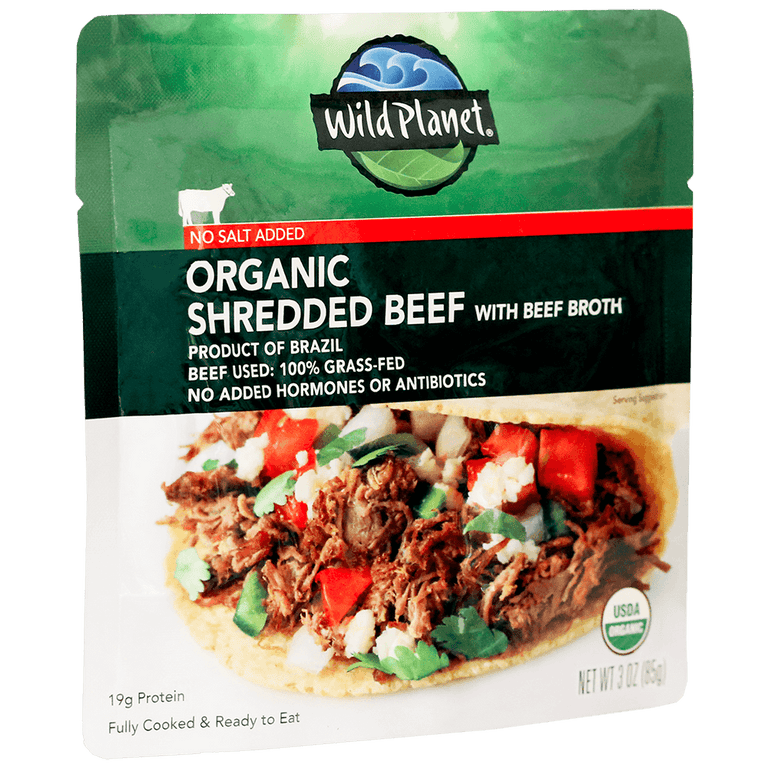 Wild Planet Organic Shredded Beef No Salt Added - angled pouch