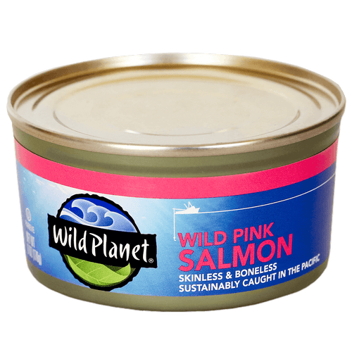 Wild Planet Wild Pink Salmon skinless and boneless 6oz can - angled view
