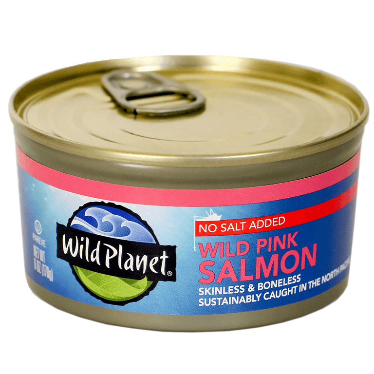 Wild Planet Wild Pink Salmon No Salt Added skinless and boneless 6oz can - angled view