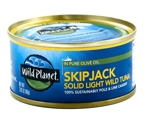 Skipjack Solid Light Wild Tuna in Pure Olive Oil, in Can. 100% Sustainably Pole and Line Caught, Front  and Top View with Wild Planet Logo