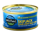 Skipjack Solid Light Wild Tuna in Pure Olive Oil, in Can. 100% Sustainably Pole and Line Caught, Front  and Top View with Wild Planet Logo