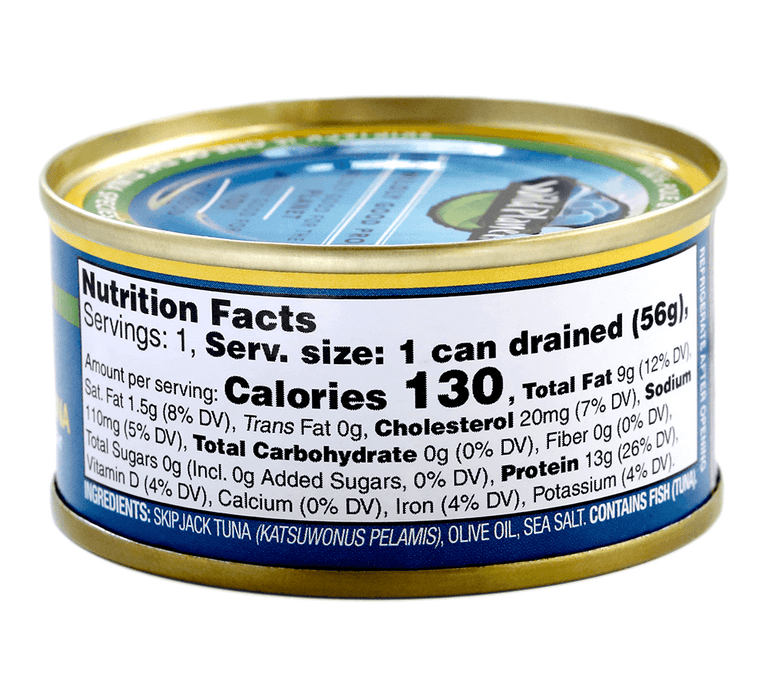 Skipjack Solid Light Wild Tuna in Pure Olive Oil, in Can. 100% Sustainably Pole and Line Caught,  Back View showing Nutrition Facts, Ingredients