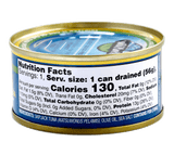 Skipjack Solid Light Wild Tuna in Pure Olive Oil, in Can. 100% Sustainably Pole and Line Caught,  Back View showing Nutrition Facts, Ingredients